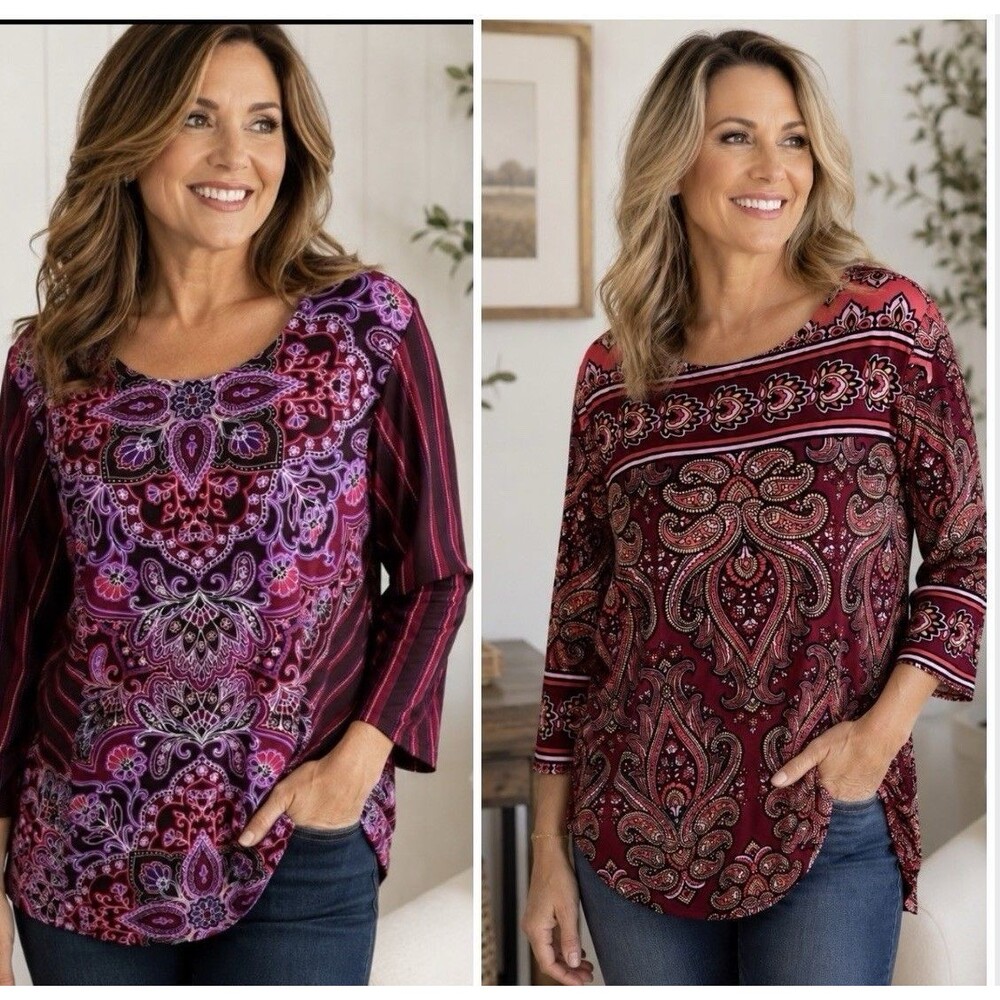 2 Bob Mackie Vintage Tunic Tops Size Large NWT Boho Artisan Relaxed Floral